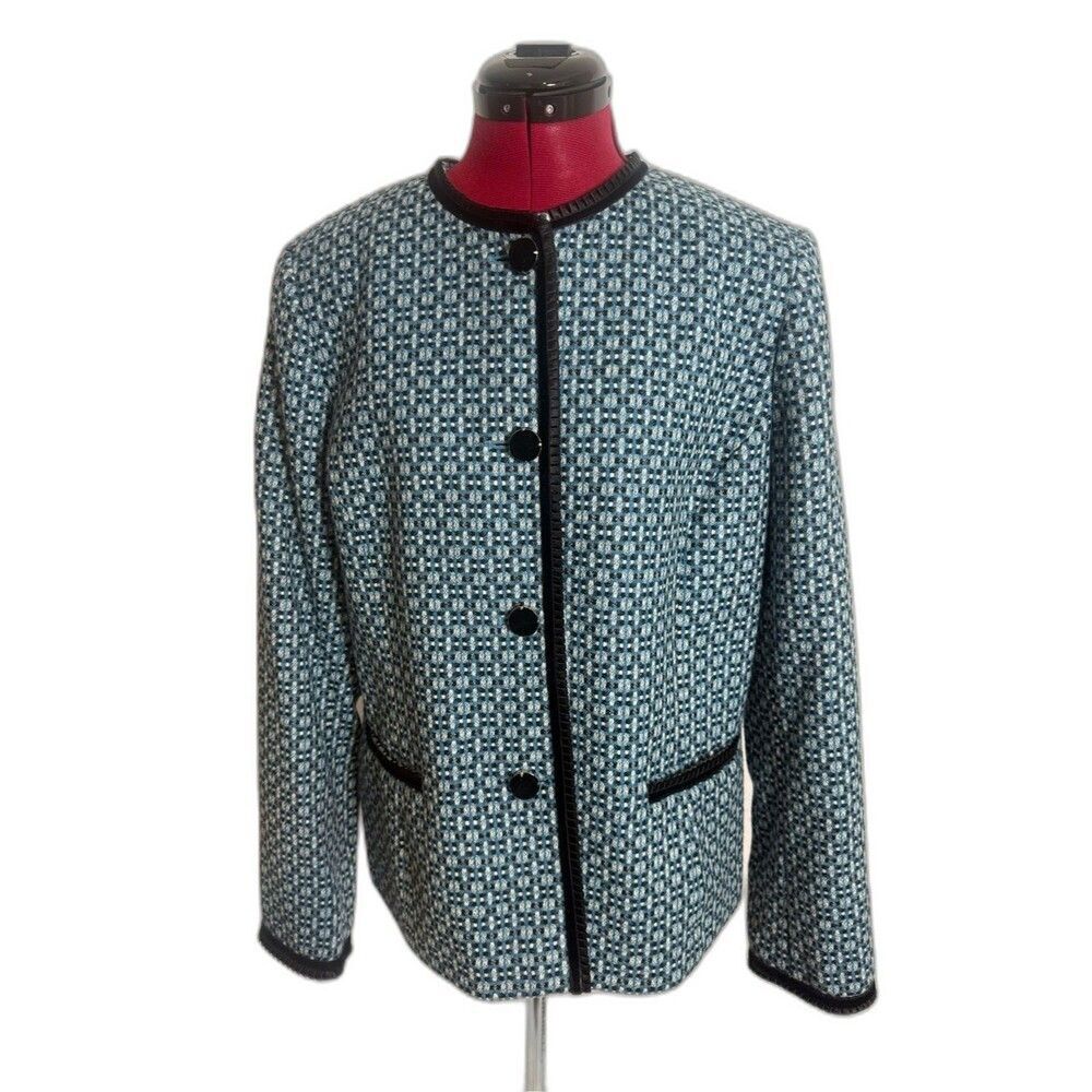 Jones New York Tweed Jacket Women's Size 16 Blue & Black Houndstooth 100% Wool